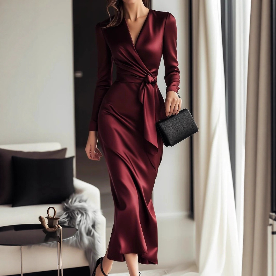 Women Formal Wear Trends - Robe d'automne en Satin à manches