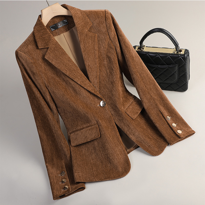 Women Formal Wear Coat - Blazer en velours jaune or pour
