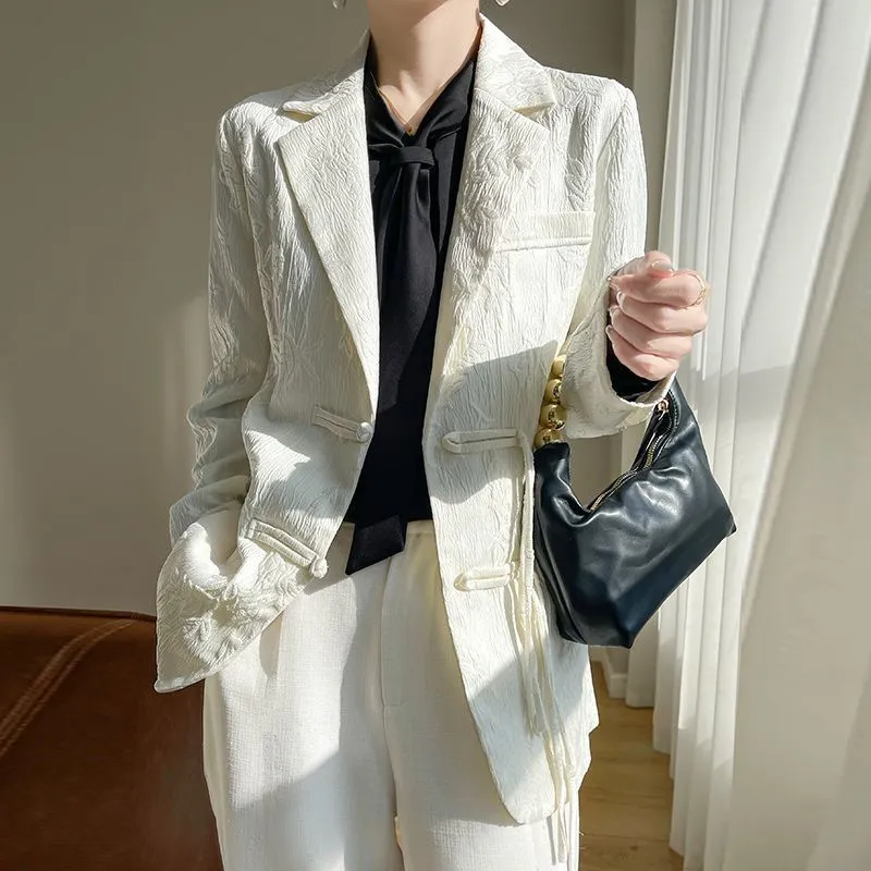 Women Formal Wear Coat - Blazer blanc texturé pour femme, col