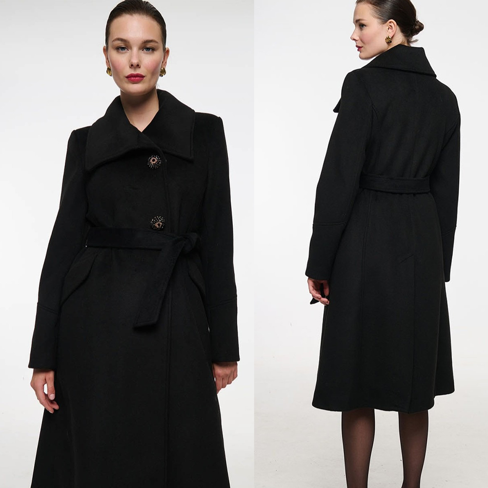 Women Formal Wear Belt - Vintage noir col montant femmes manteau