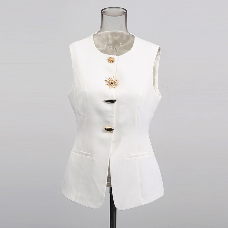 Gilet blanc à col rond, bouton - Women Formal Wear Vest avis et prix